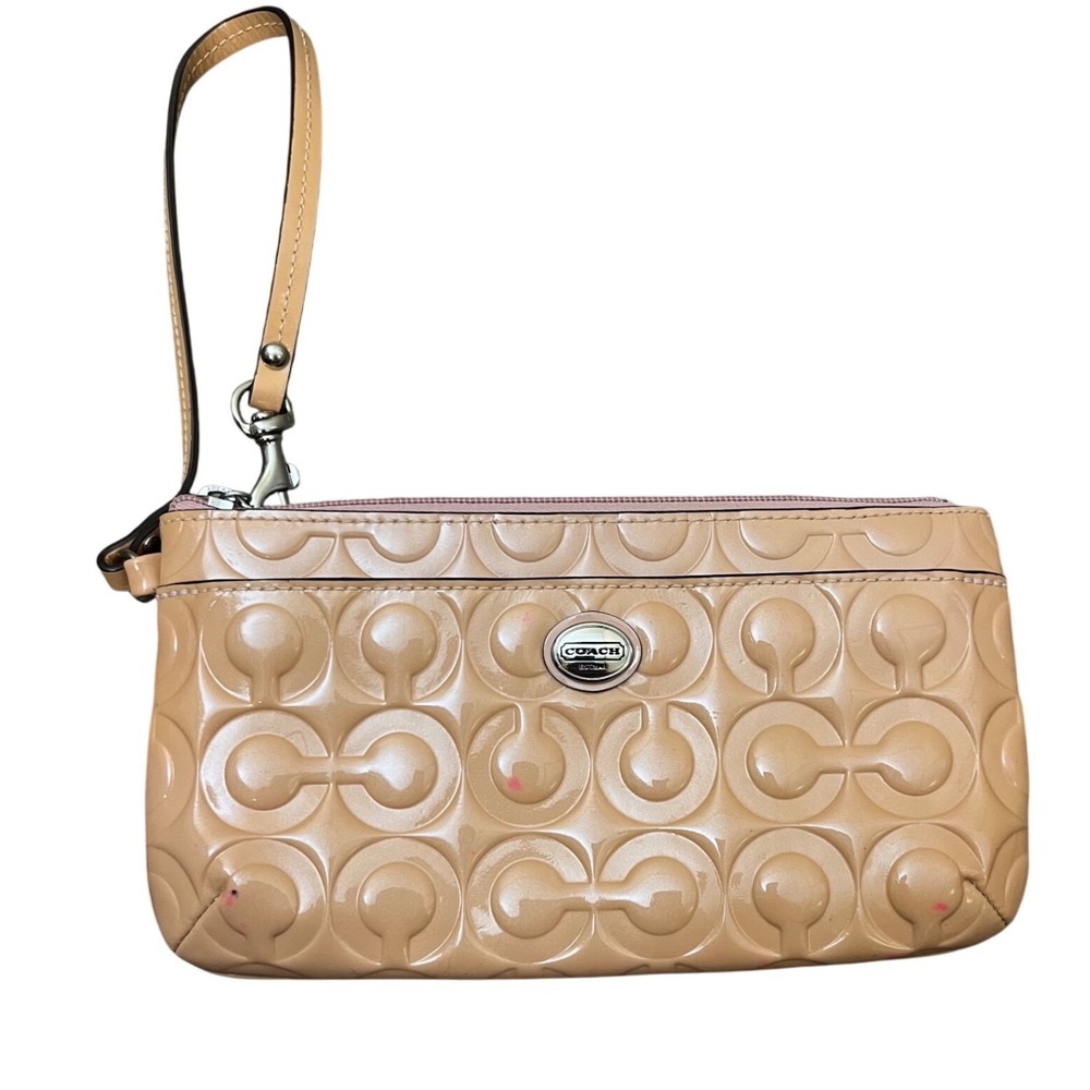 Coach Signature Peyton Embossed Patent Leather Wristlet Tan Pink Y2K Barbiecore